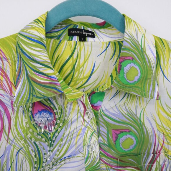 Nanette Lepore Peacock Print Top Women 2 White Boho Unique Artsy Creative Whimsy - Picture 12 of 16